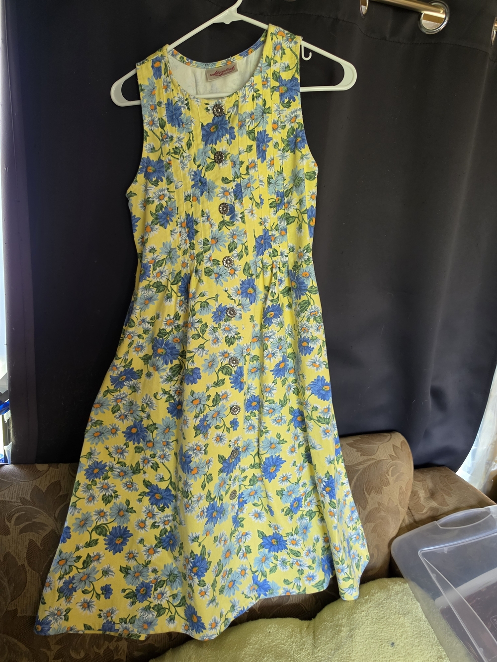 Yellow Floral Midi Dress with Blue Flowers